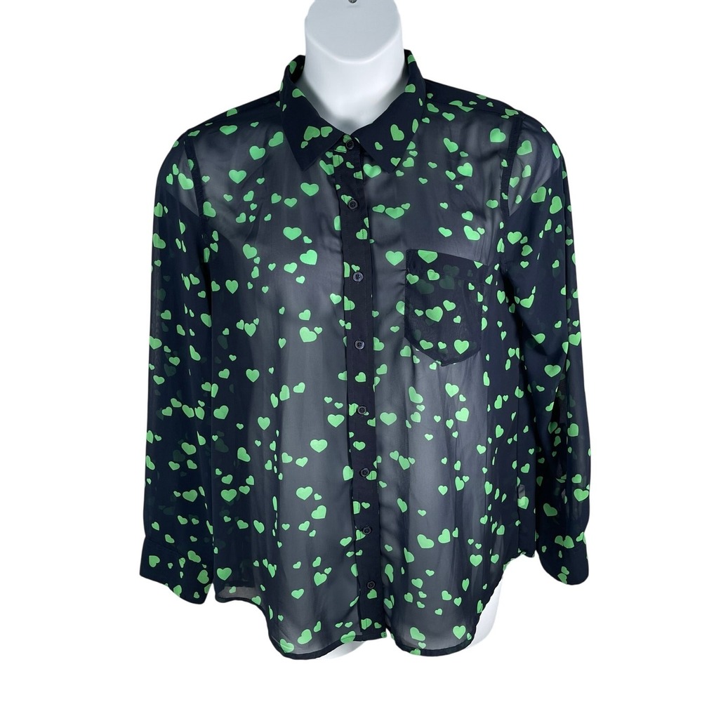 Banana Republic Button Front Shirt Women L Navy Neon Green Hearts Chiffon Sheer